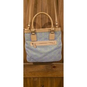 Liz Claiborne Tote Handbag Womens Blue‎ Geometric Canvas Leather Trim Classic